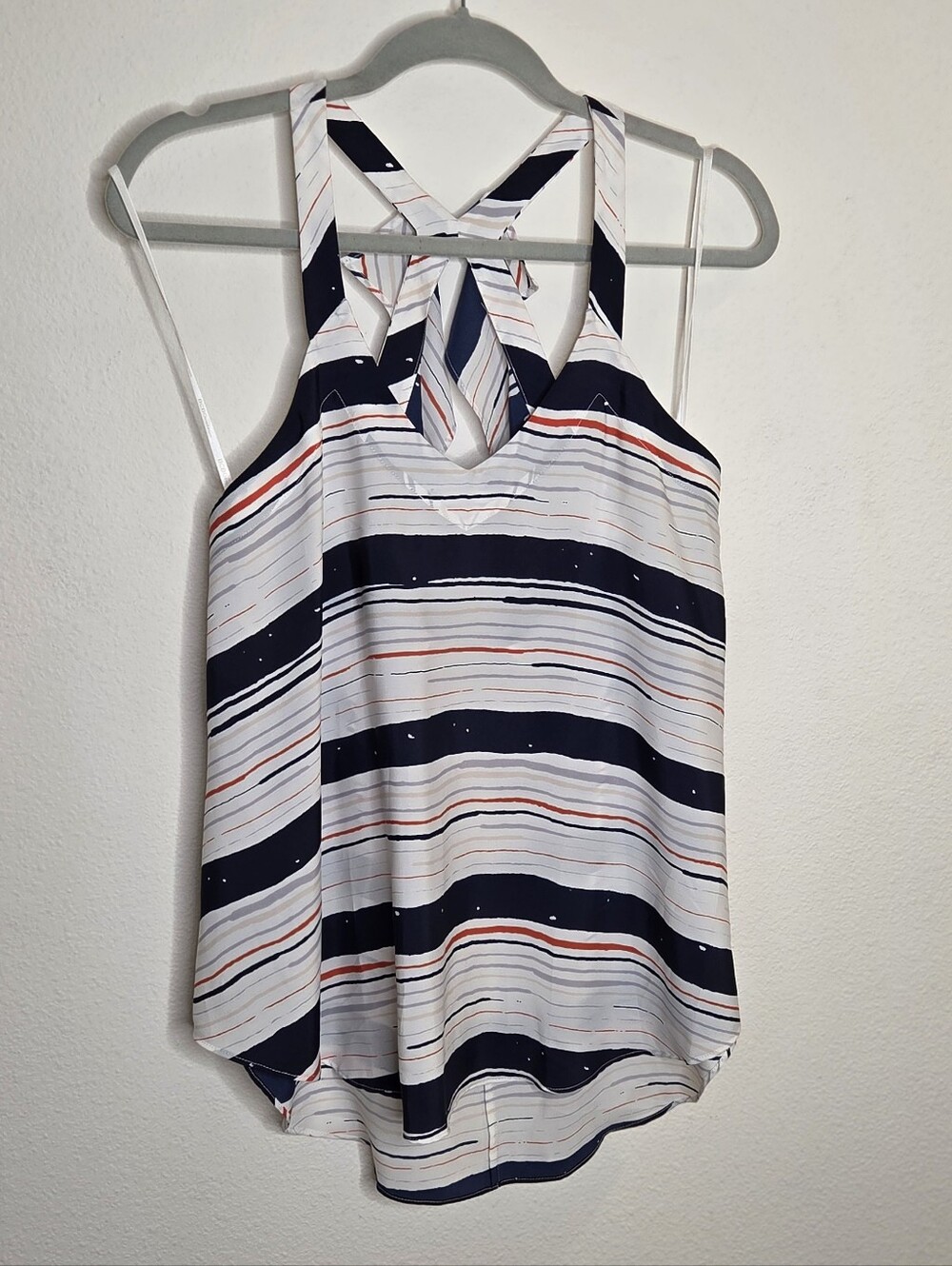 BCBGeneration Navy, White & Red Striped Ruffle Back Tank Top - Size Medium